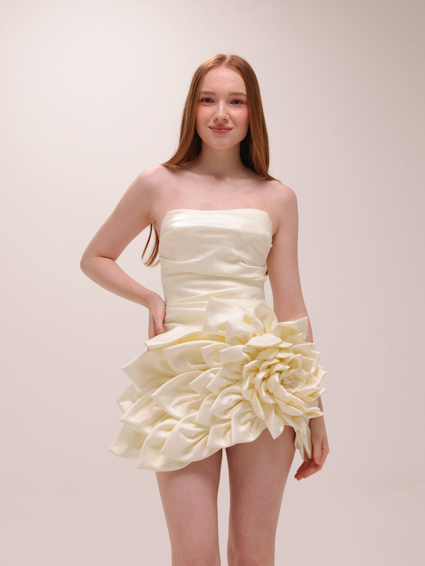 Ivory Rosette Satin Mini Dress