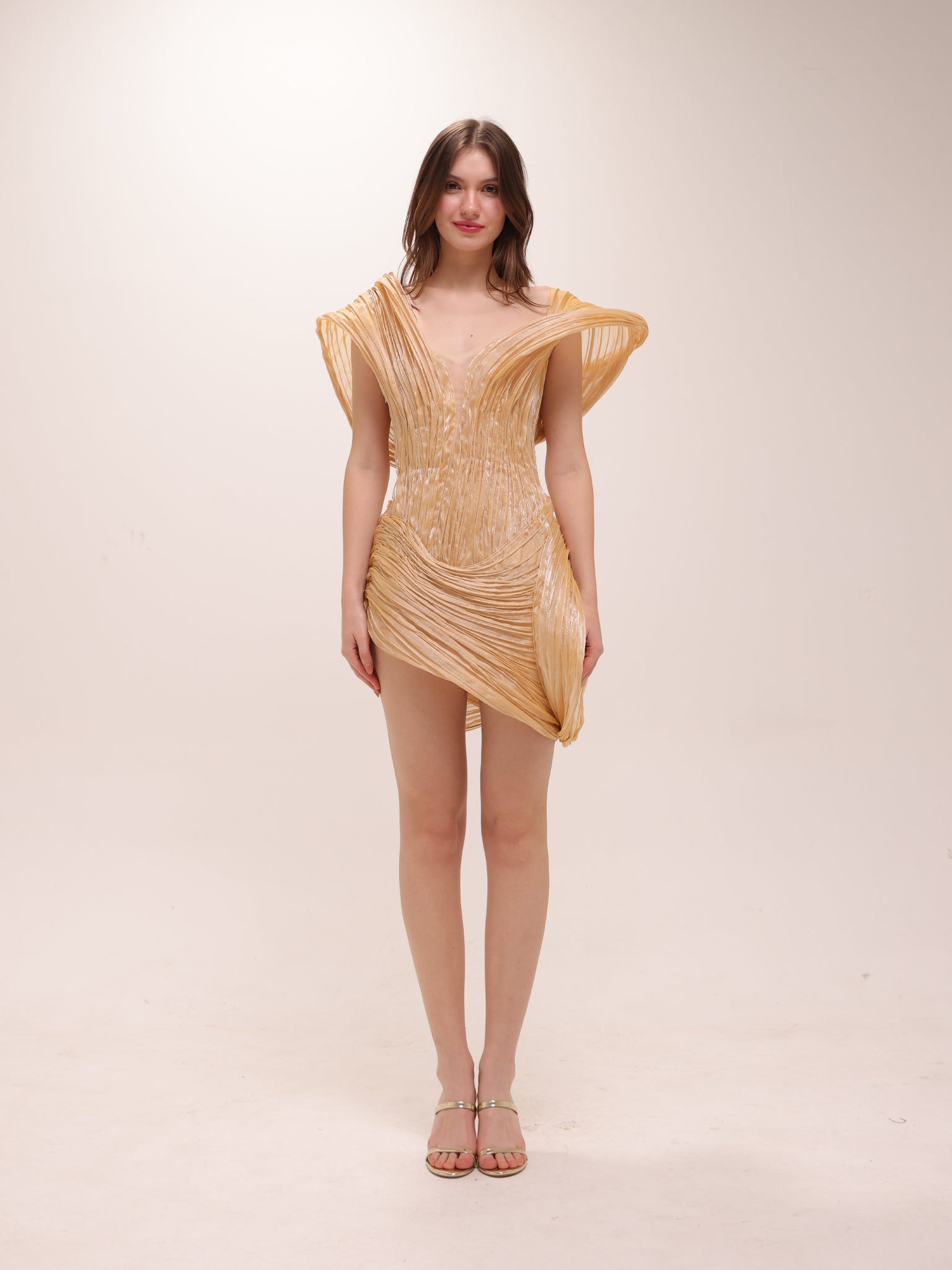 Golden Sculpted Pleated Mini Dress