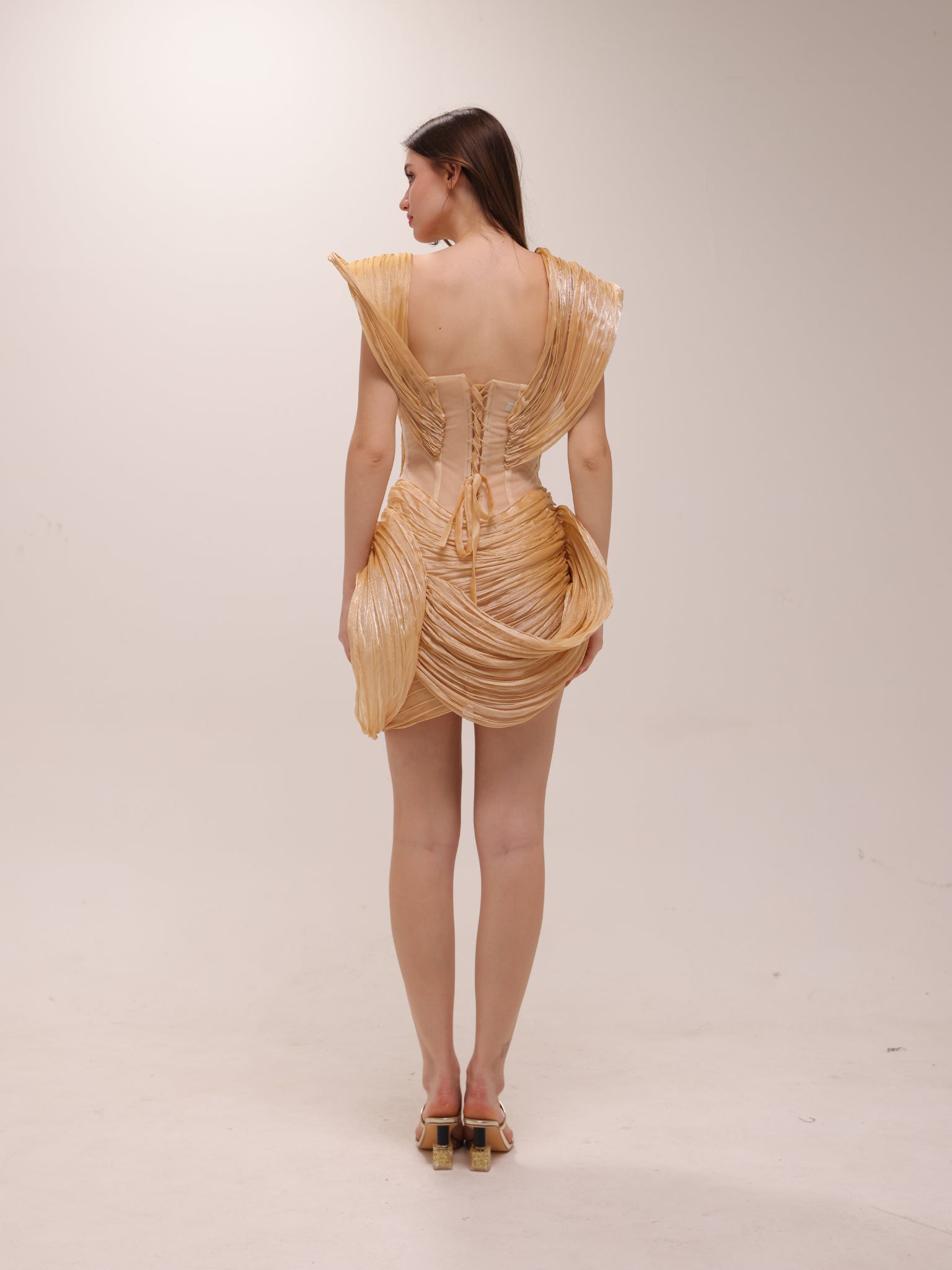 Golden Sculpted Pleated Mini Dress