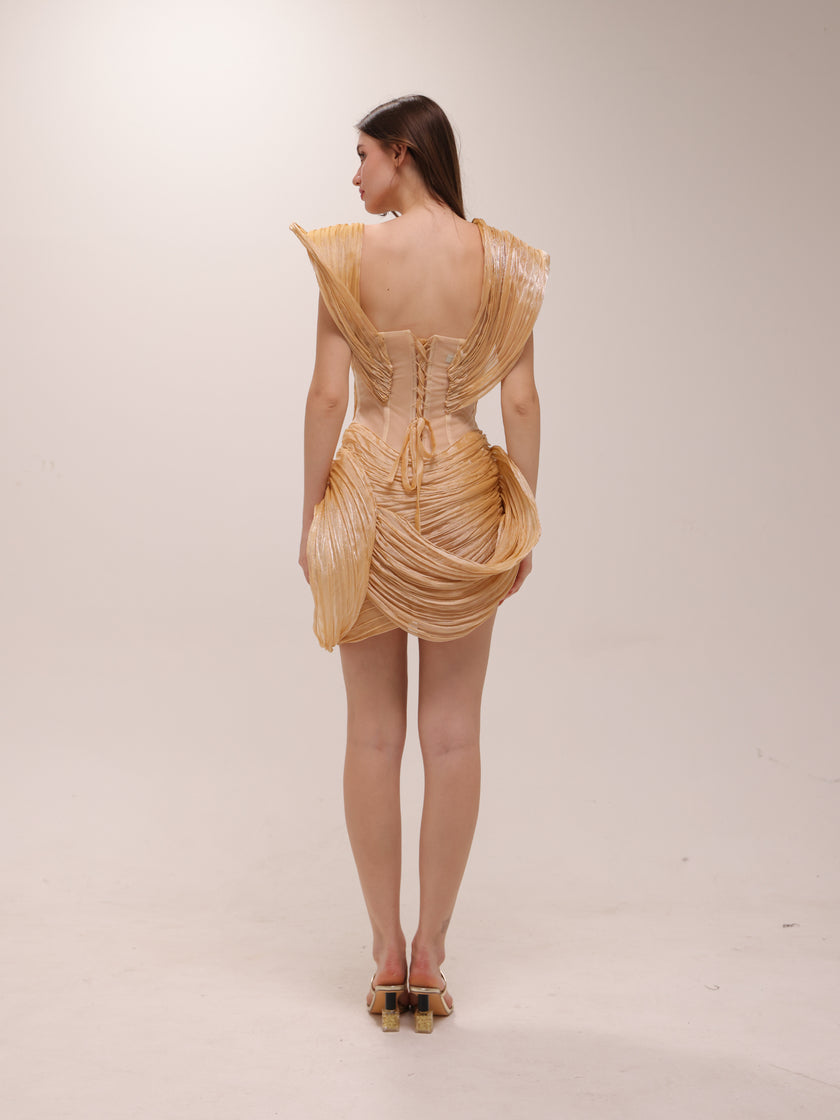 Golden Sculpted Pleated Mini Dress