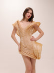 Golden Sculpted Pleated Mini Dress
