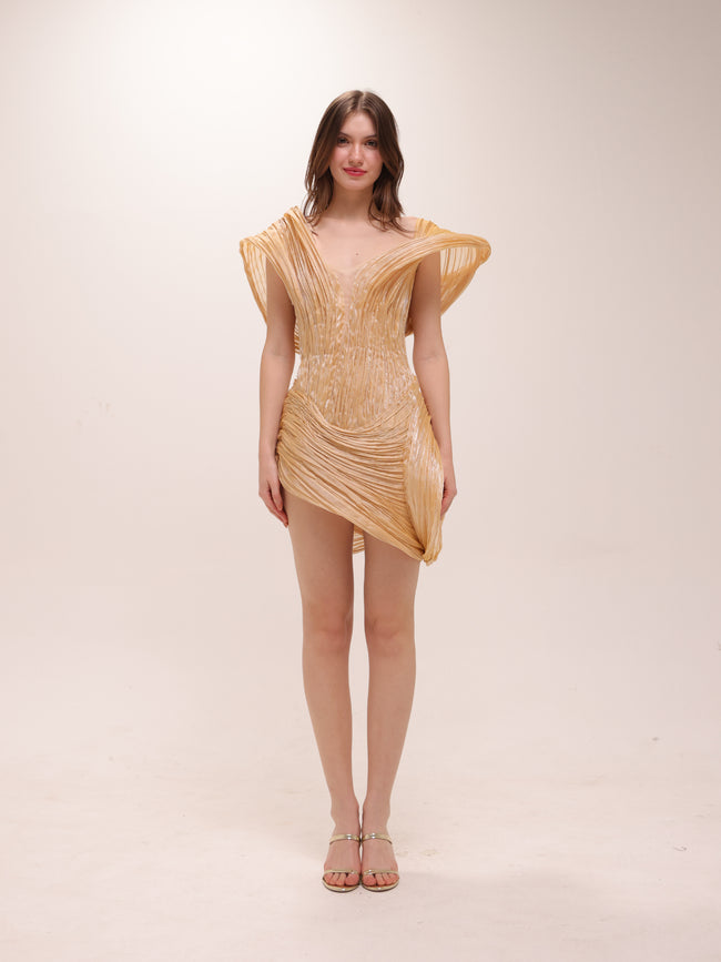 Golden Sculpted Pleated Mini Dress