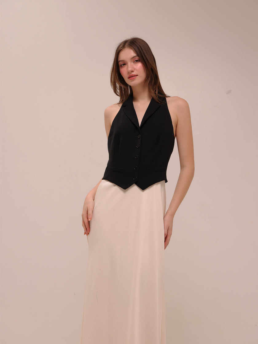 Two-Tone Crepe Sleeveless Dress