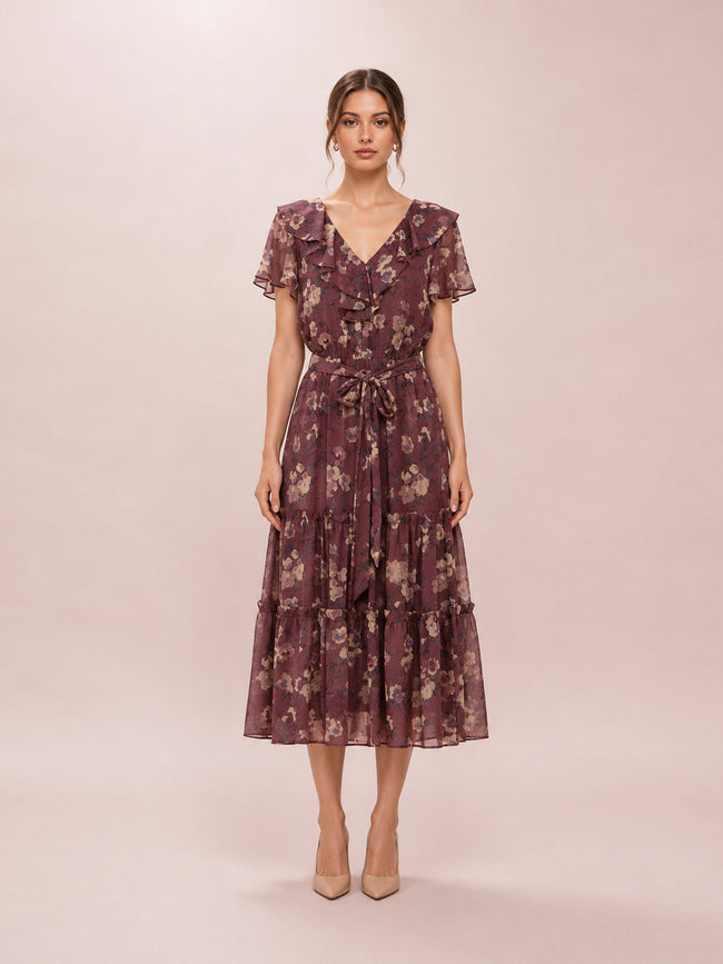 Floral Crinkle Georgette Belted Dress