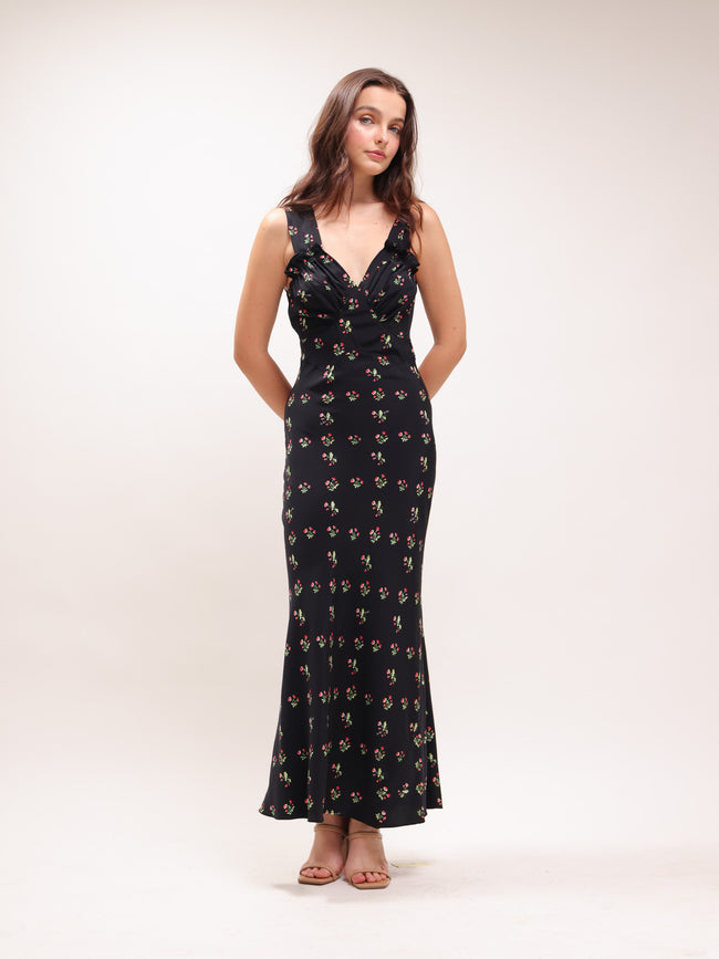 The Ivy in Posy Black Floral Ruffle Dress