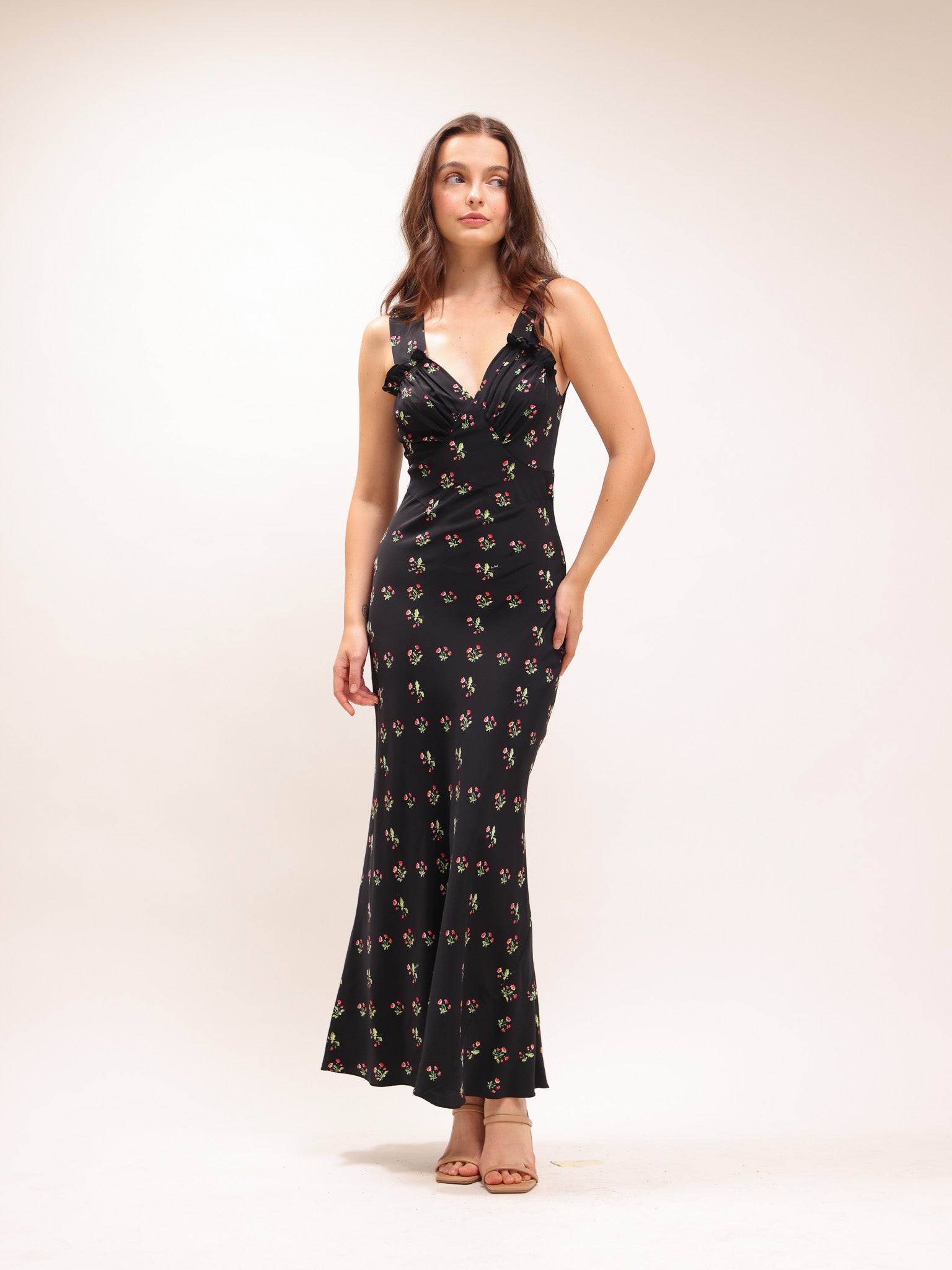 The Ivy in Posy Black Floral Ruffle Dress