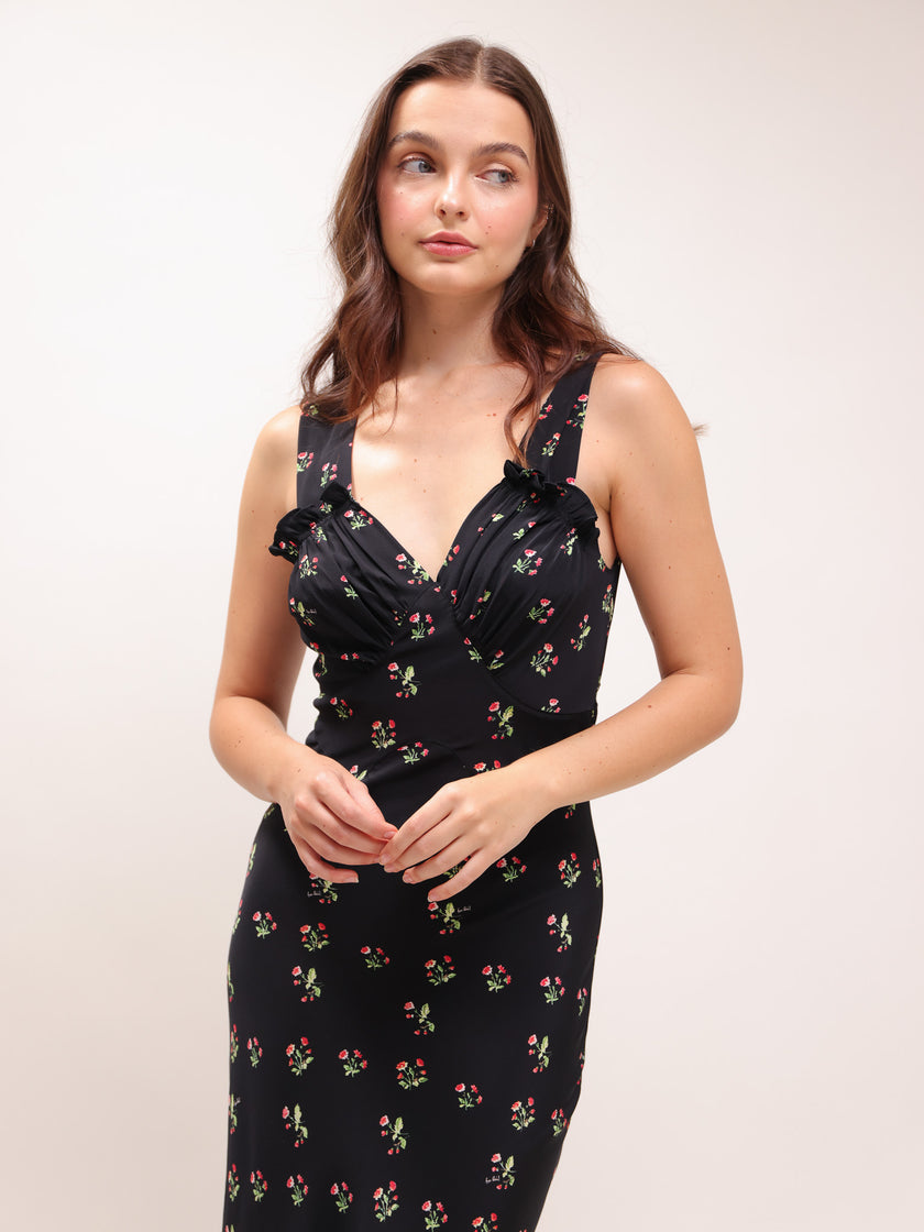The Ivy in Posy Black Floral Ruffle Dress