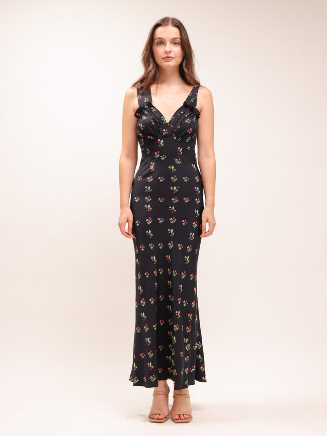 The Ivy in Posy Black Floral Ruffle Dress