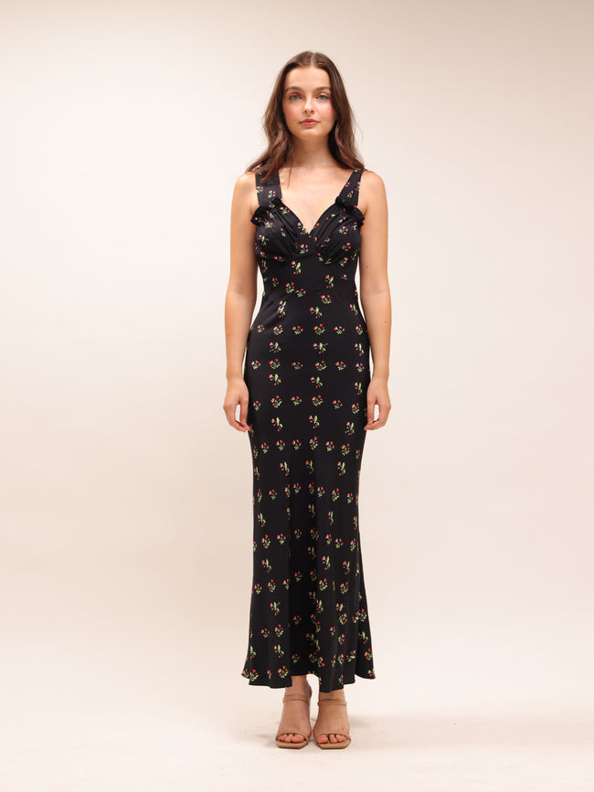 The Ivy in Posy Black Floral Ruffle Dress