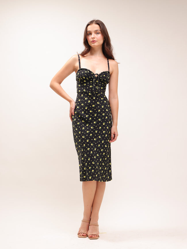 Iris Black Yellow Floral Midi Dress