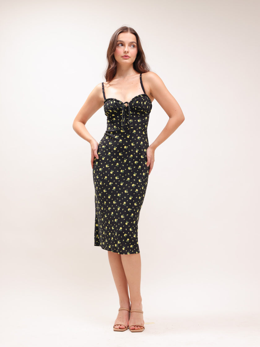 Iris Black Yellow Floral Midi Dress