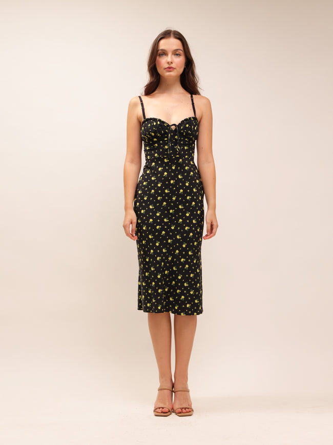 Iris Black Yellow Floral Midi Dress