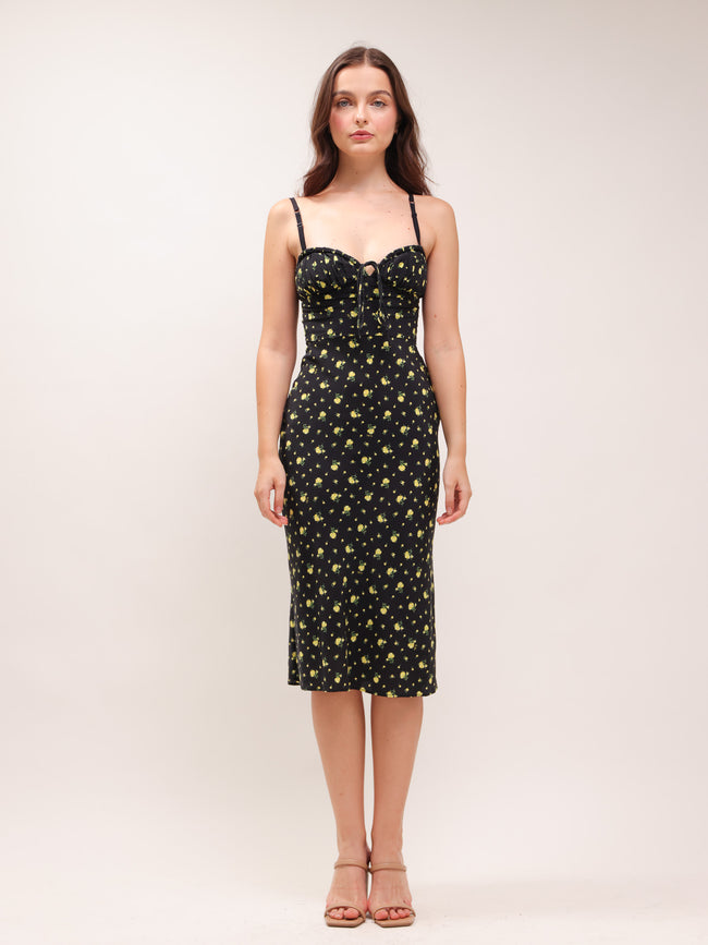 Iris Black Yellow Floral Midi Dress