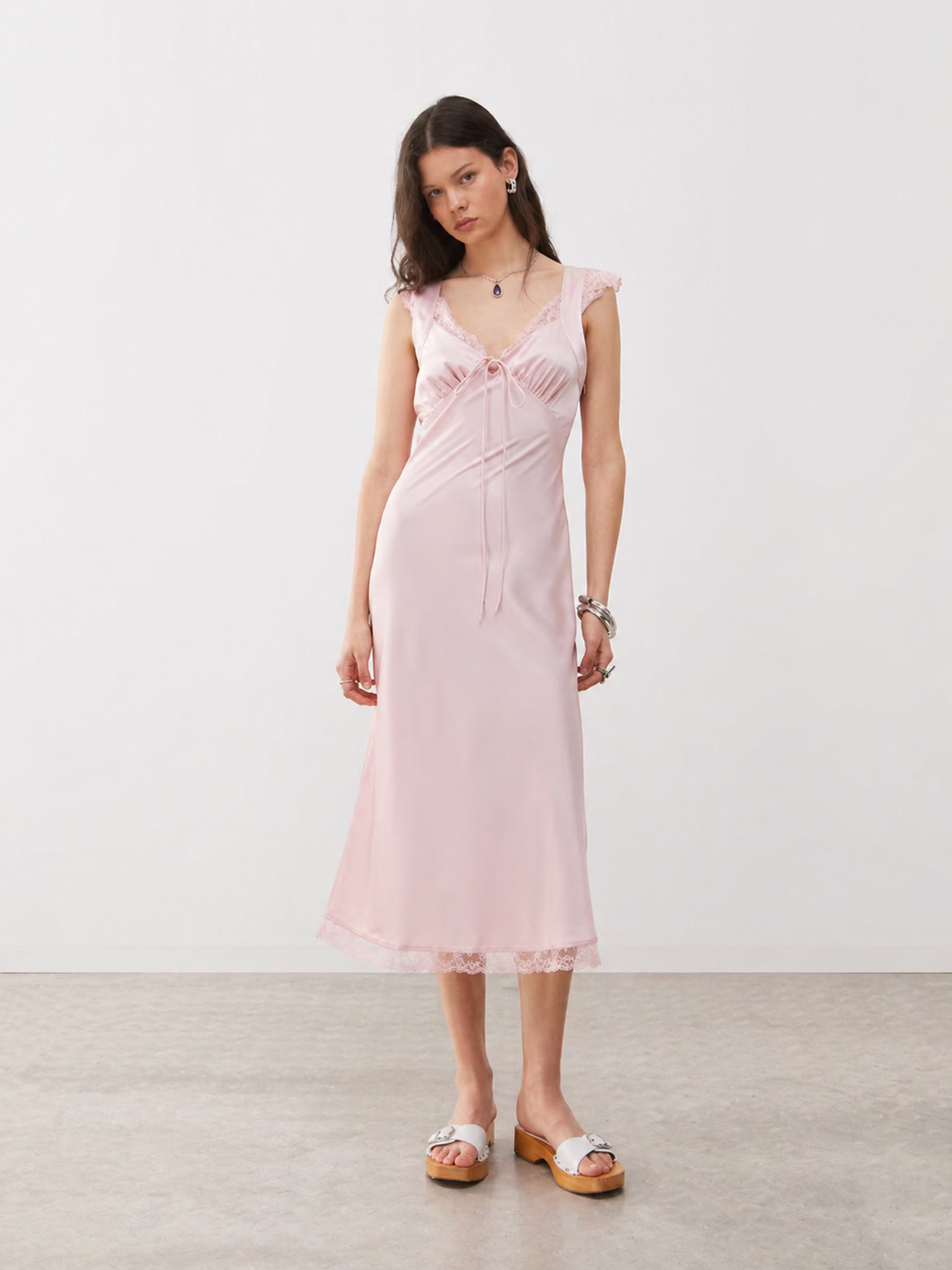 Baby Pink Lace Trim Midi Dress