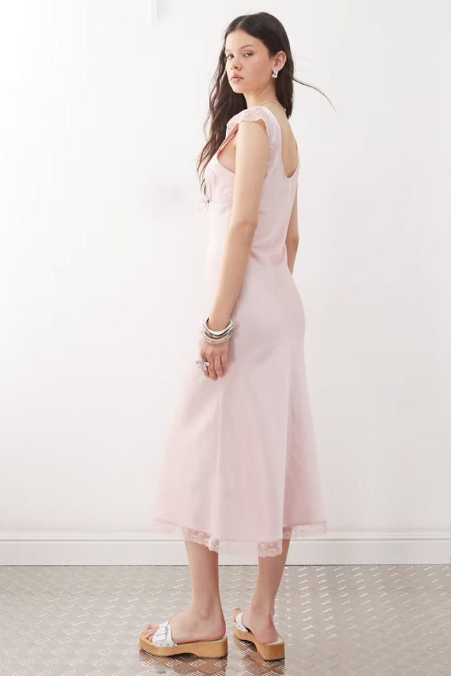 Baby Pink Lace Trim Midi Dress