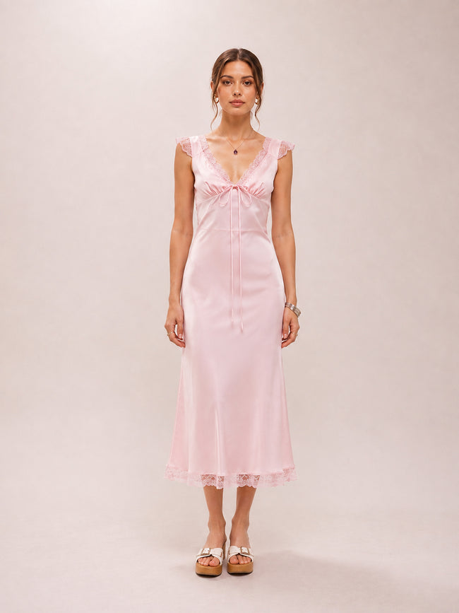 Baby Pink Lace Trim Midi Dress