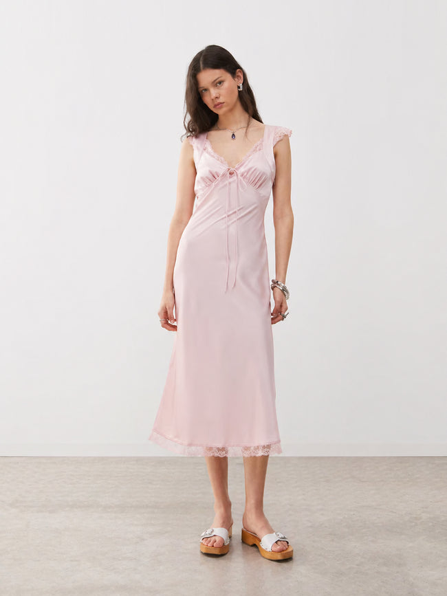 Baby Pink Lace Trim Midi Dress