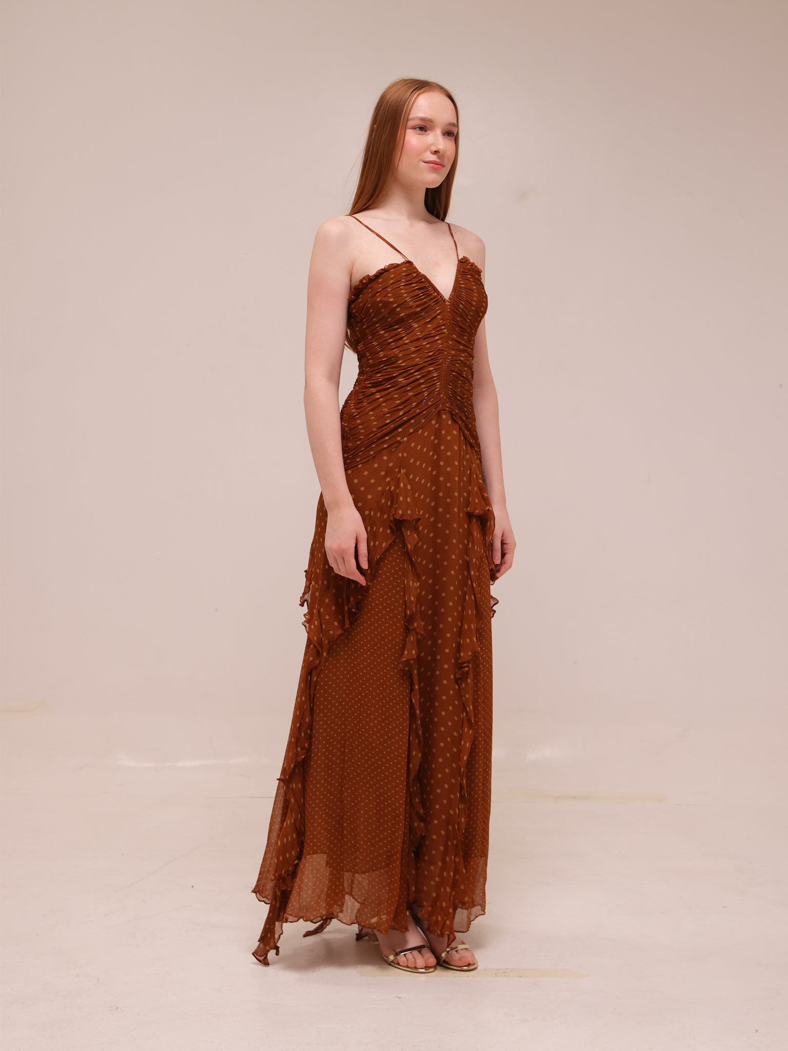 Brielle Ruched Frill Maxi Dress in Chiffon