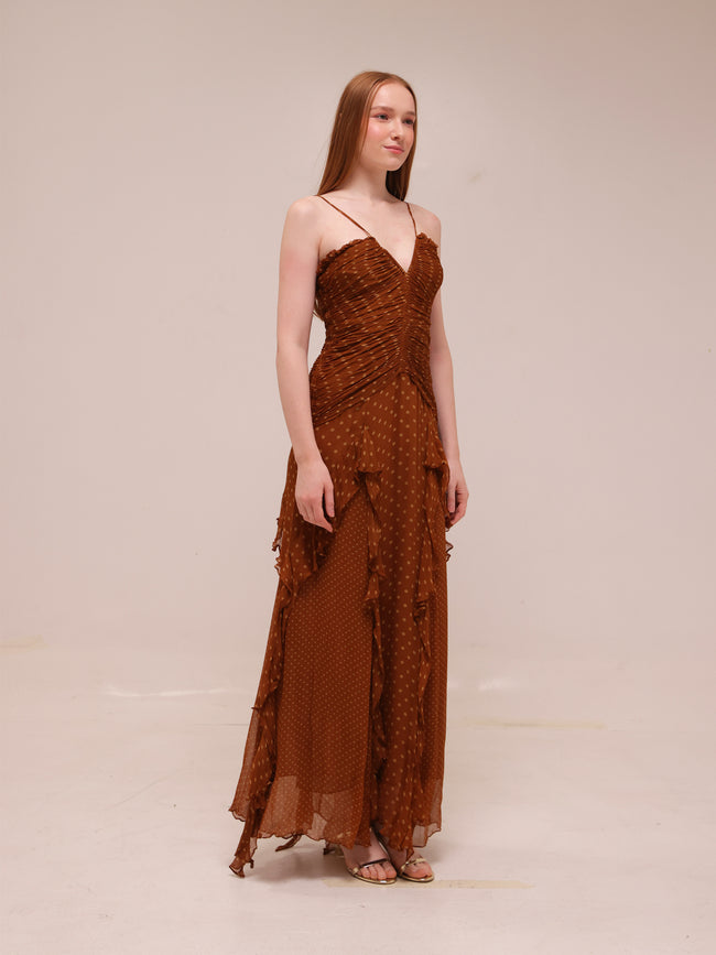 Brielle Ruched Frill Maxi Dress in Chiffon