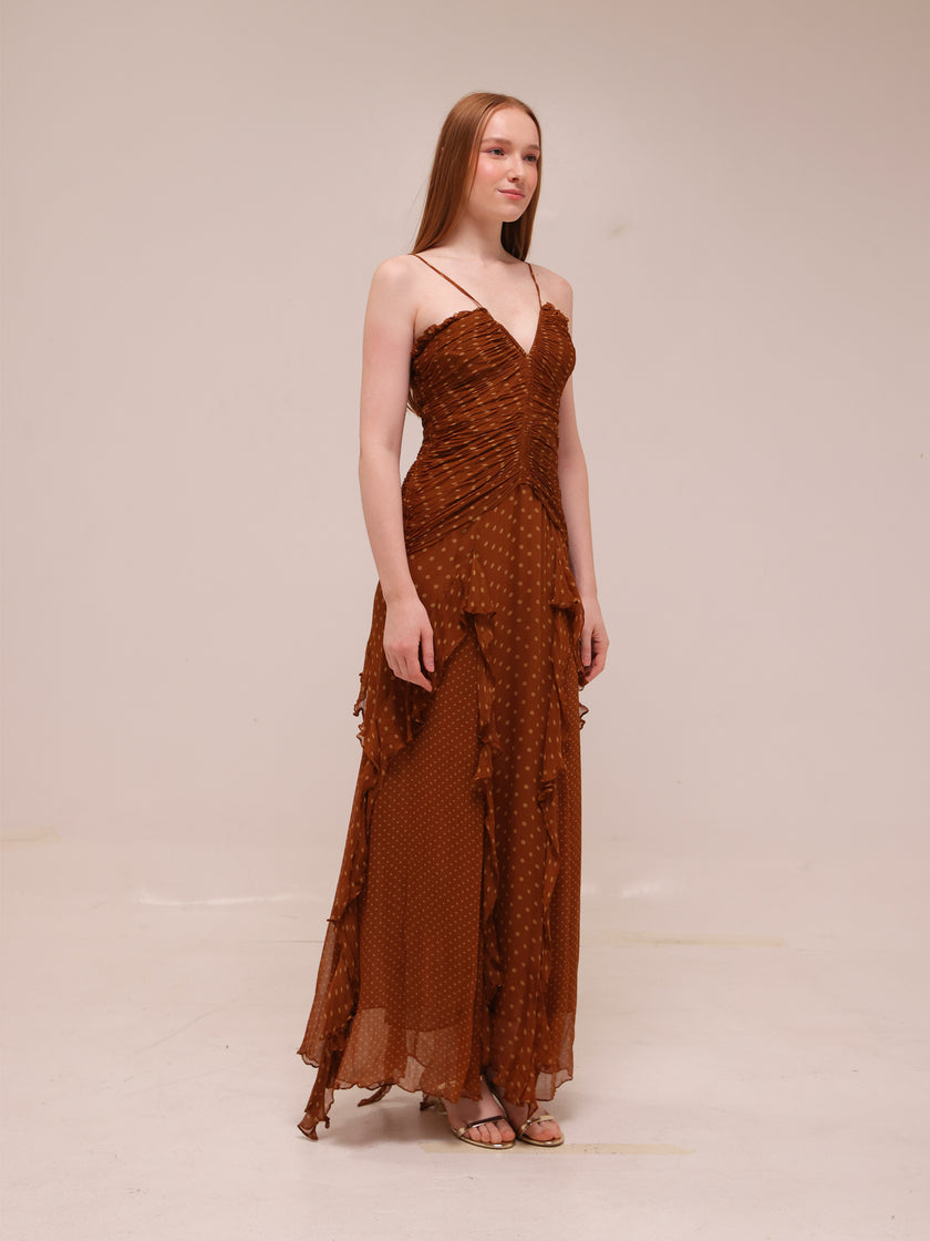 Brielle Ruched Frill Maxi Dress in Chiffon
