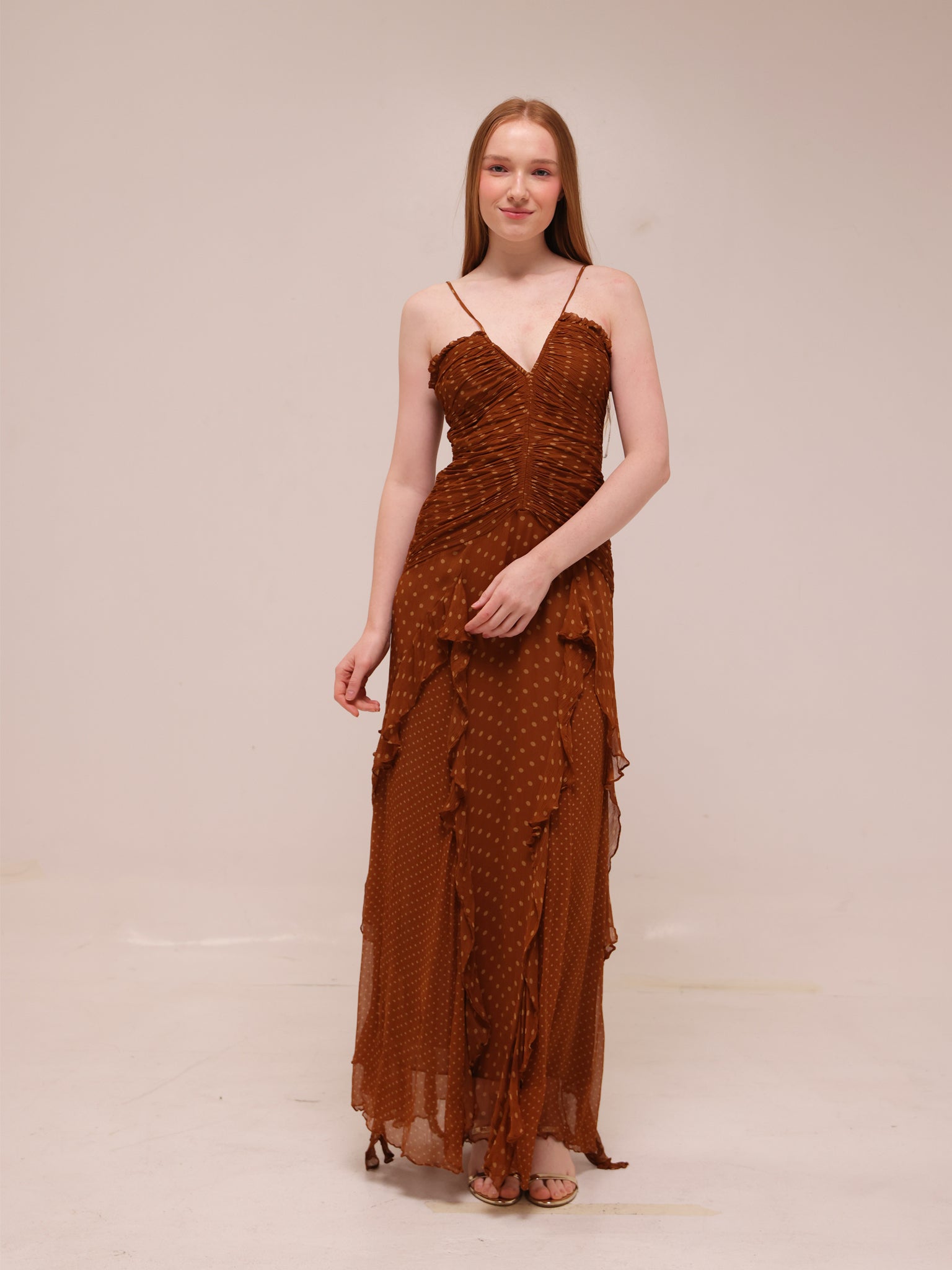 Brielle Ruched Frill Maxi Dress in Chiffon