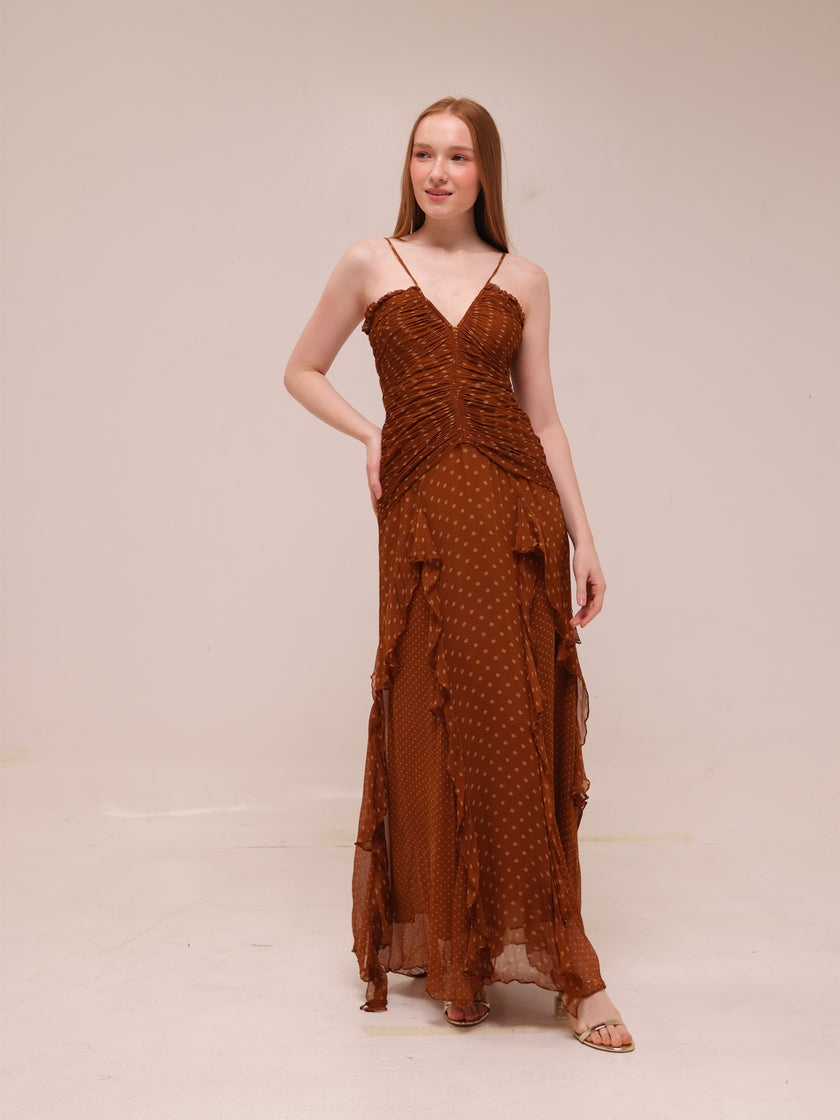 Brielle Ruched Frill Maxi Dress in Chiffon