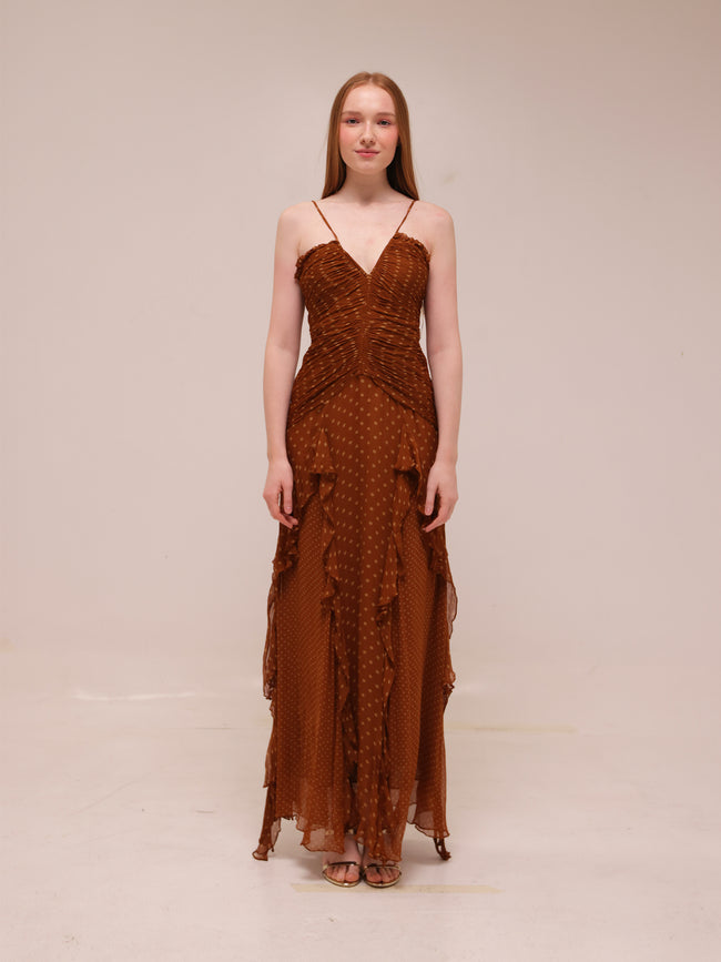 Brielle Ruched Frill Maxi Dress in Chiffon