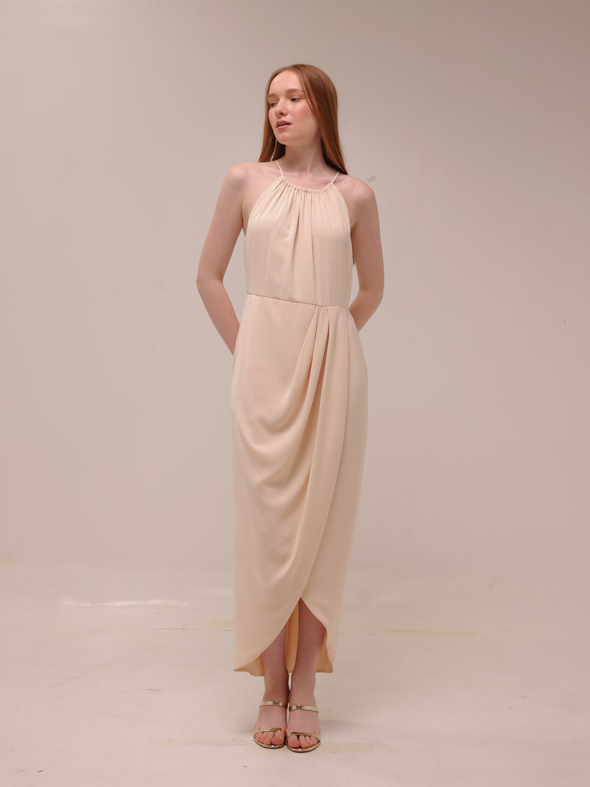Cream Core High Neck Ruched Dress