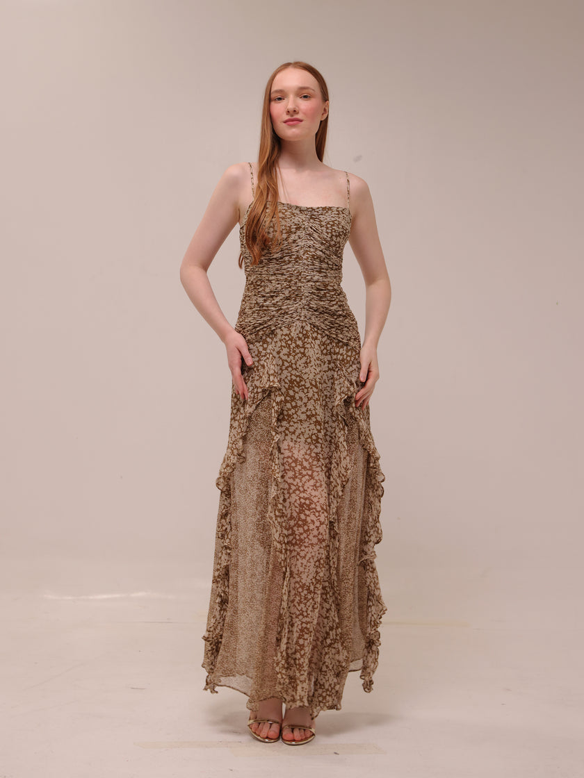 Valeria Ruched Frill Maxi Dress