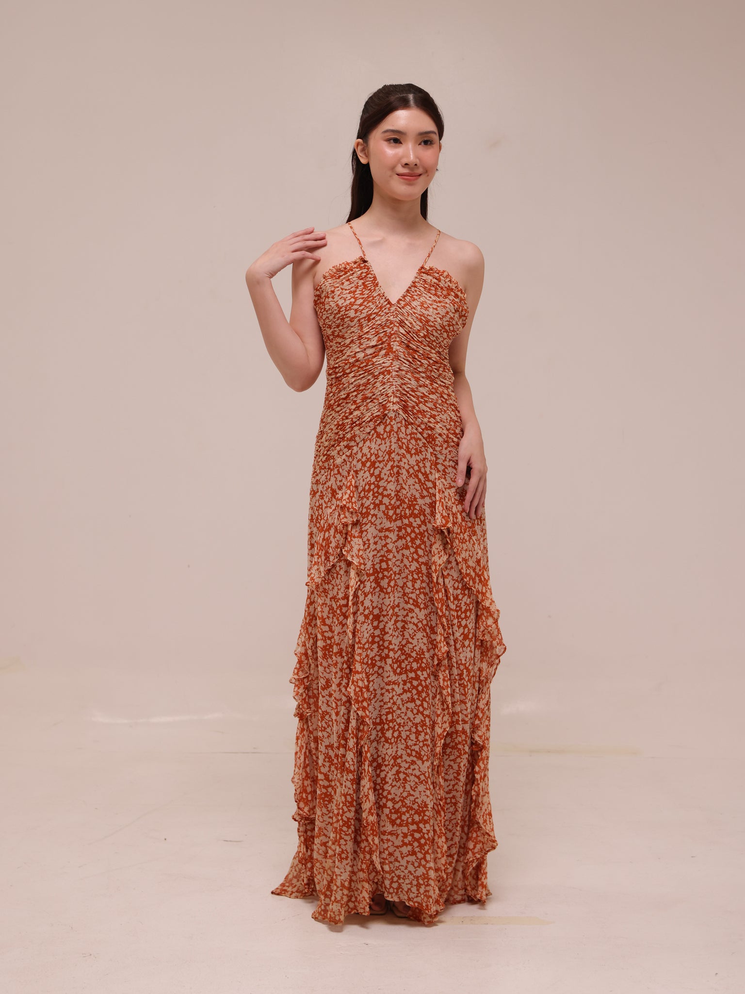 Hala Ruched Frill Maxi Dress