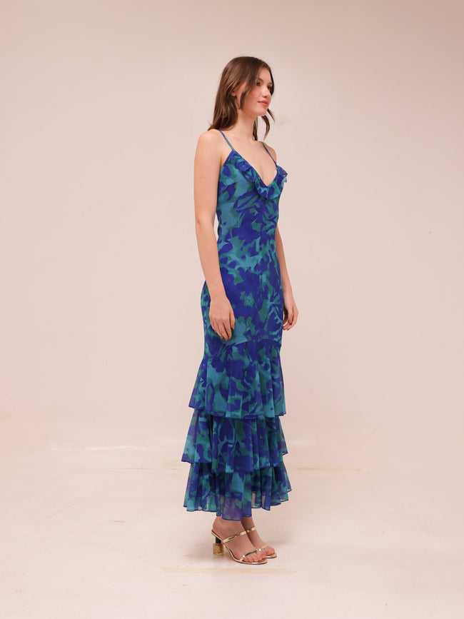 Oskar Tiered Ruffle Hem Mermaid Maxi Dress Abstract Blue