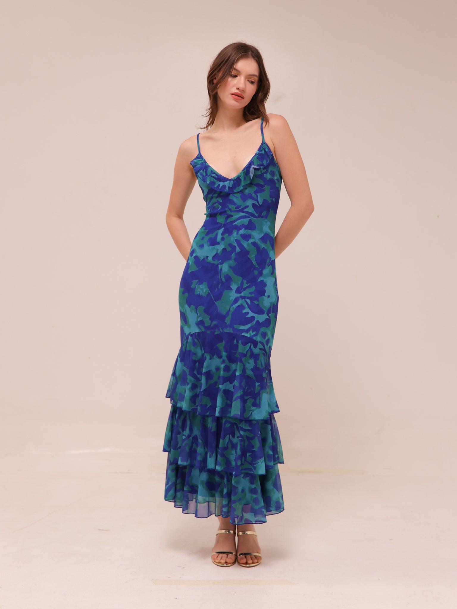Oskar Tiered Ruffle Hem Mermaid Maxi Dress Abstract Blue