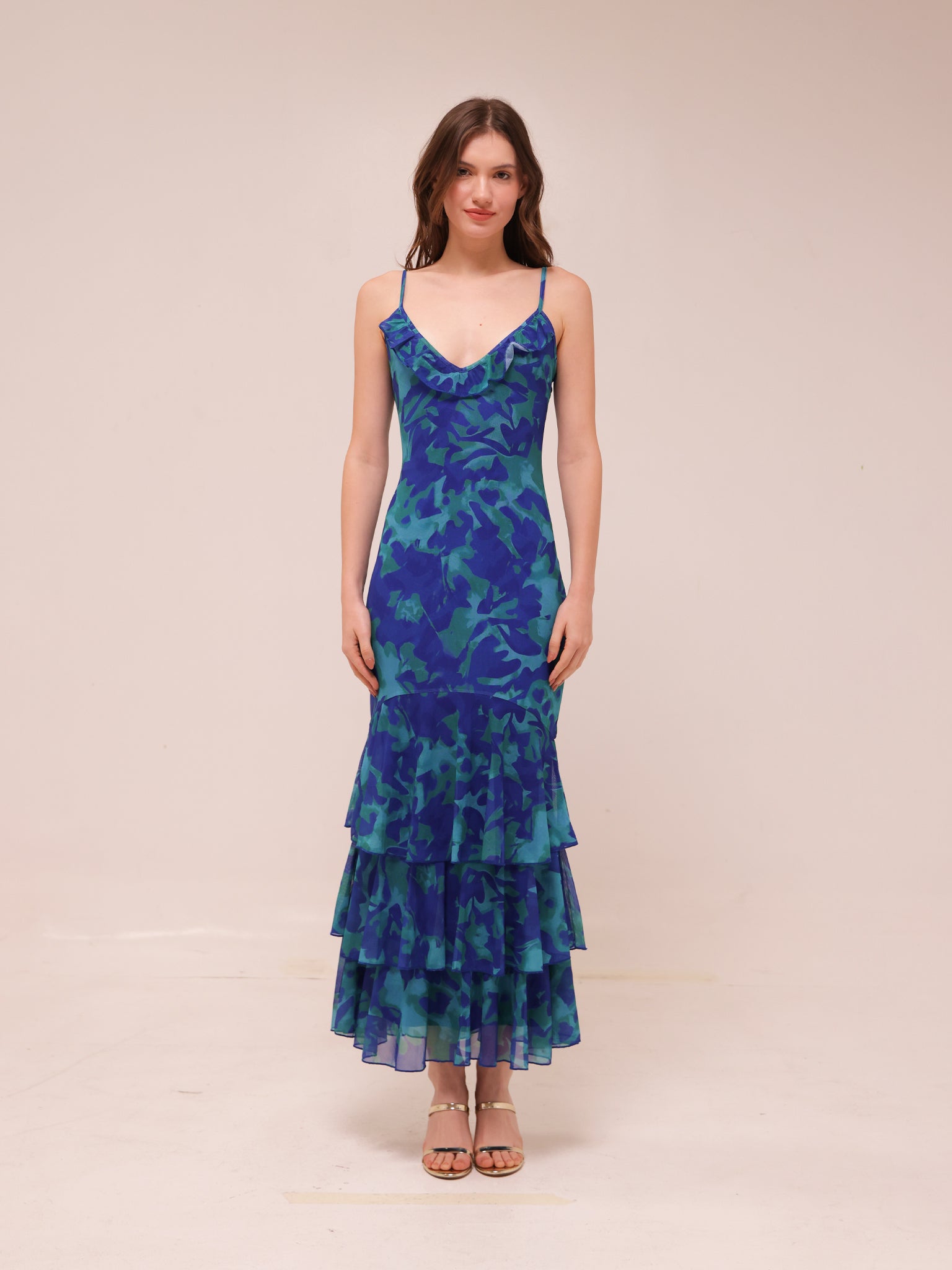 Oskar Tiered Ruffle Hem Mermaid Maxi Dress Abstract Blue