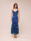 Oskar Tiered Ruffle Hem Mermaid Maxi Dress Abstract Blue