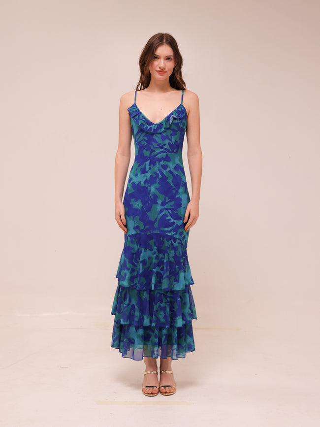 Oskar Tiered Ruffle Hem Mermaid Maxi Dress Abstract Blue