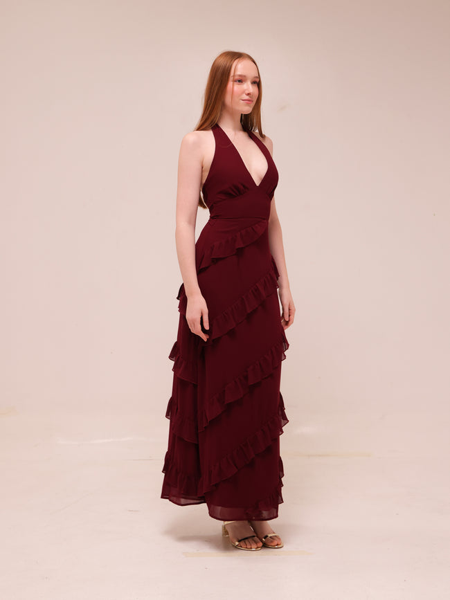 Flirt Frill Halter Maxi Dress Wine