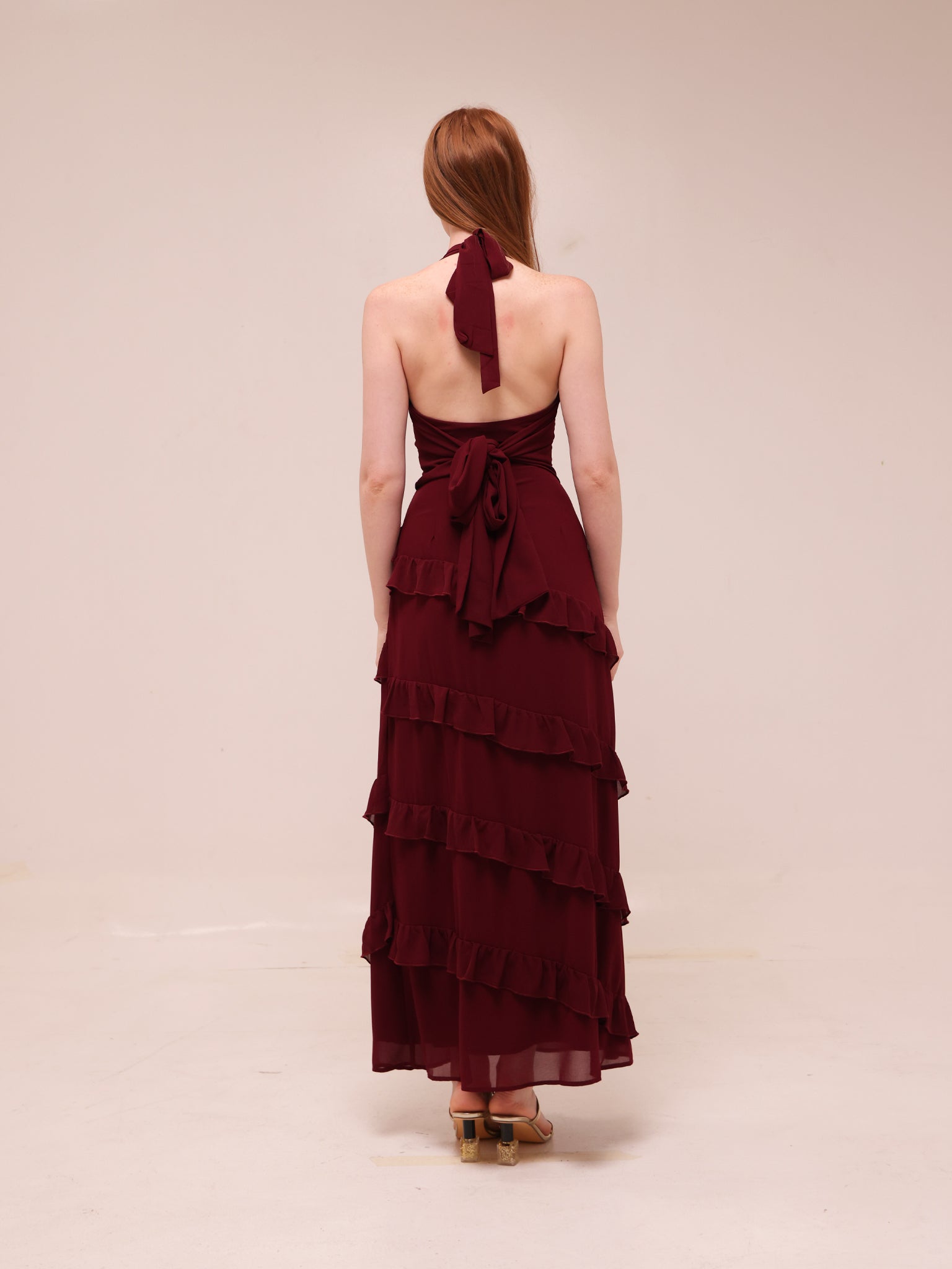 Flirt Frill Halter Maxi Dress Wine