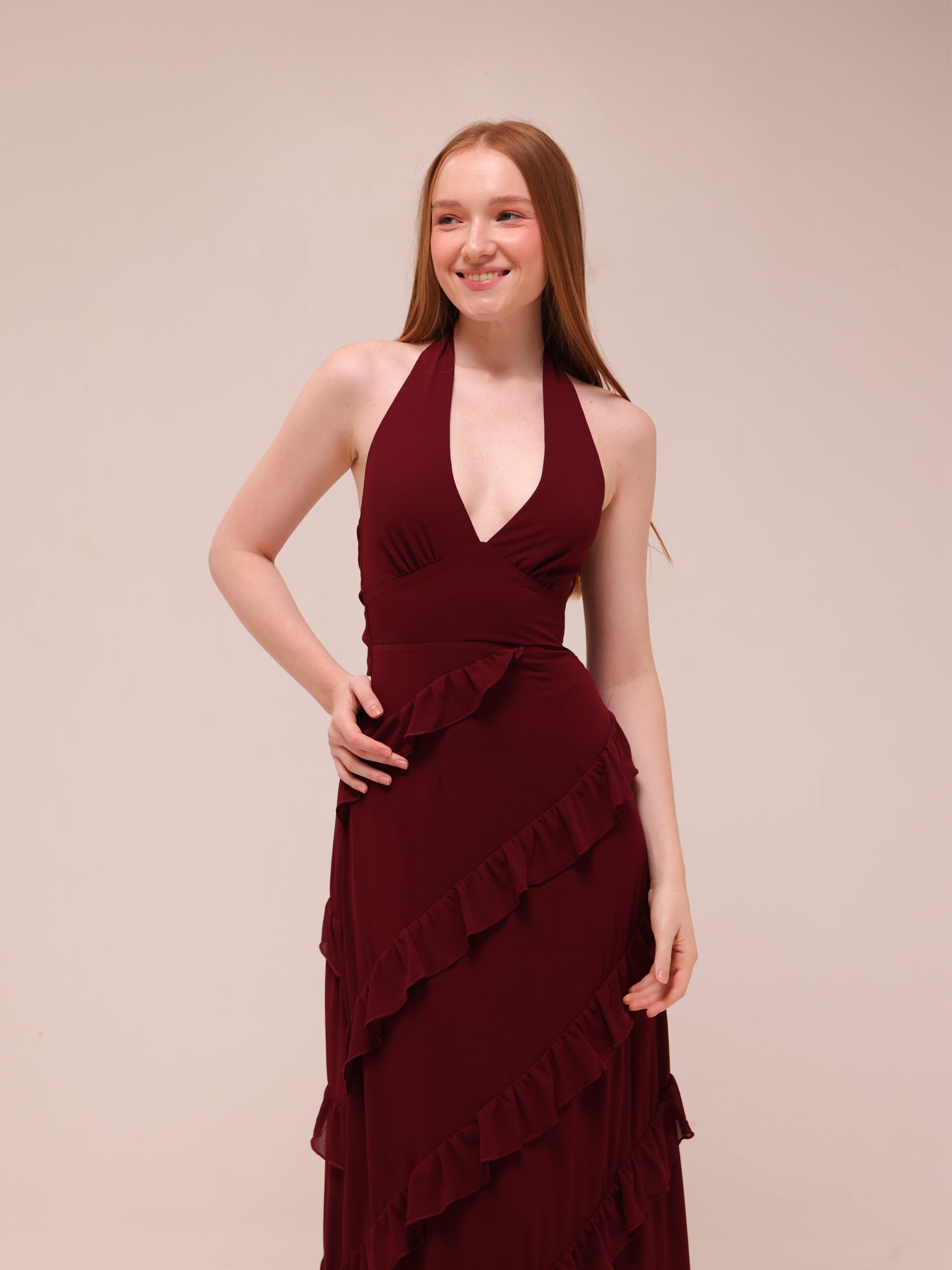 Flirt Frill Halter Maxi Dress Wine