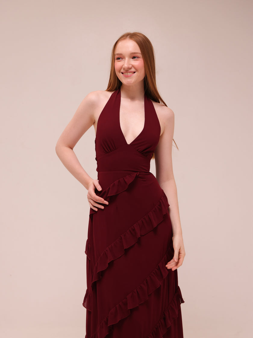 Flirt Frill Halter Maxi Dress Wine