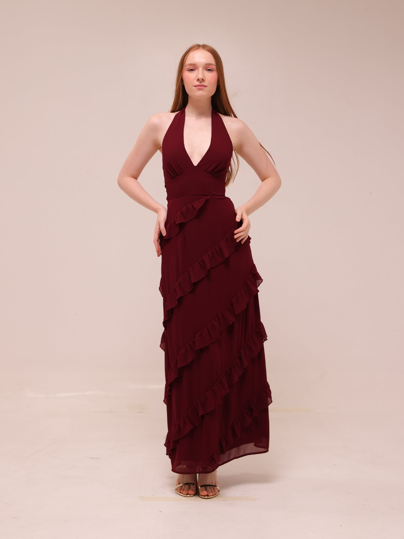 Flirt Frill Halter Maxi Dress Wine