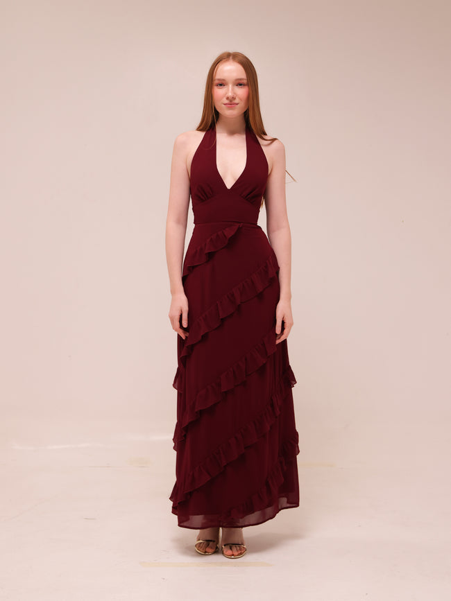 Flirt Frill Halter Maxi Dress Wine