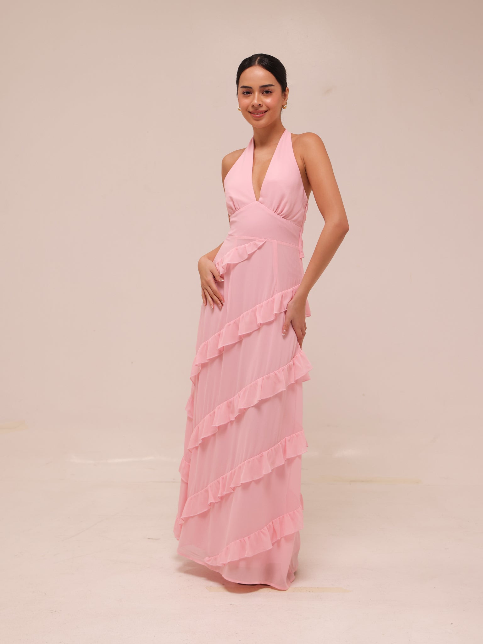 Flirt Frill Halter Maxi Dress Blush