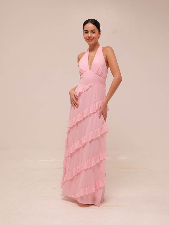 Flirt Frill Halter Maxi Dress Blush