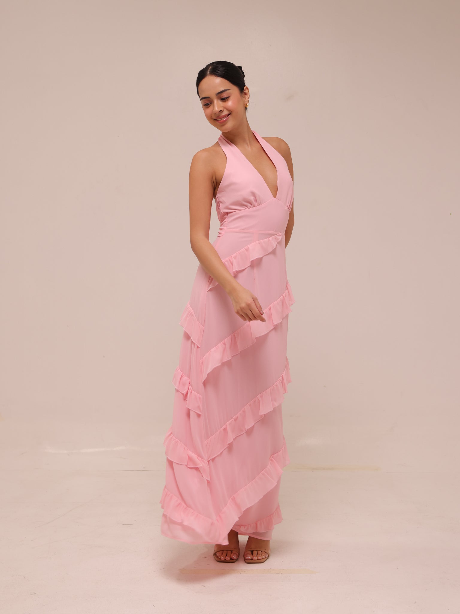 Flirt Frill Halter Maxi Dress Blush