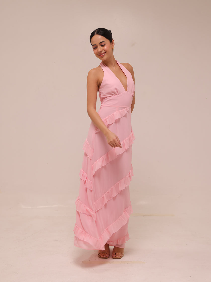 Flirt Frill Halter Maxi Dress Blush