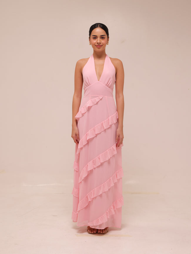 Flirt Frill Halter Maxi Dress Blush