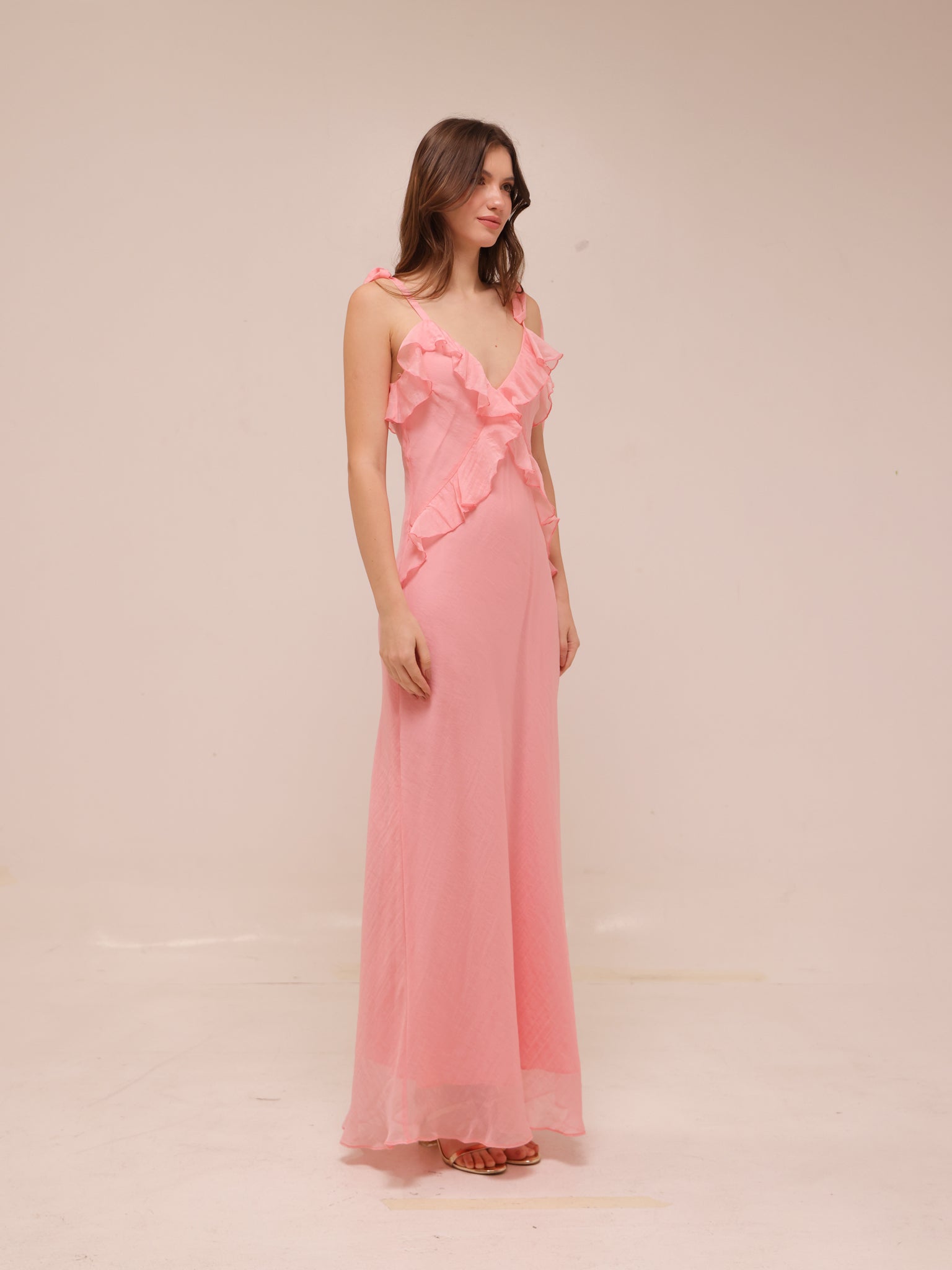 Adalina Ruffle Maxi Dress in Quartz Pink