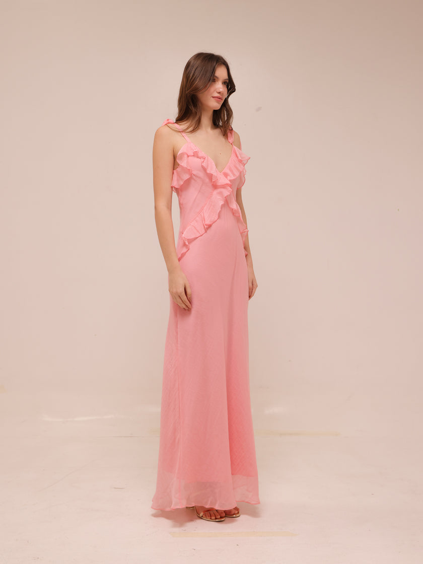 Adalina Ruffle Maxi Dress in Quartz Pink