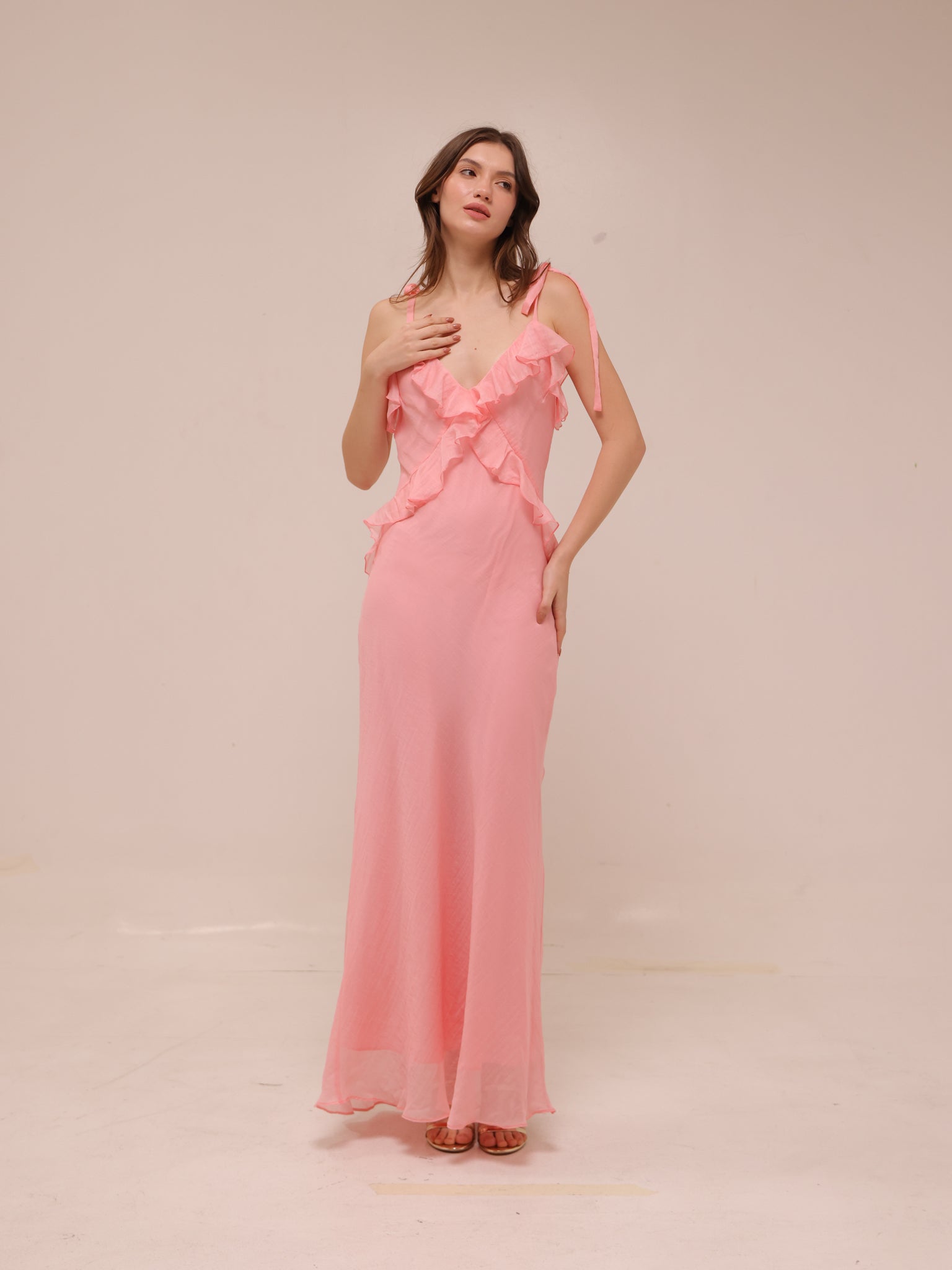 Adalina Ruffle Maxi Dress in Quartz Pink