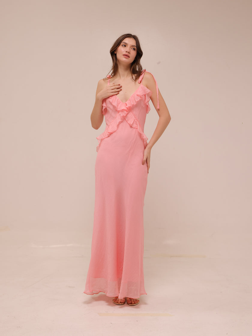 Adalina Ruffle Maxi Dress in Quartz Pink